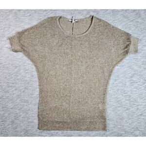 Lightweight Sheer Knit Top Short Sleeve Round Neck Womens Size Small Beige